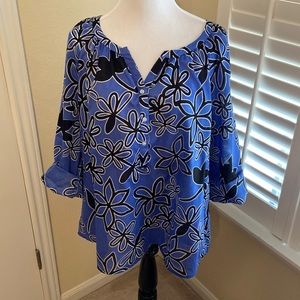 Sassy cotton top in beautiful blue with black & white floral designs.
